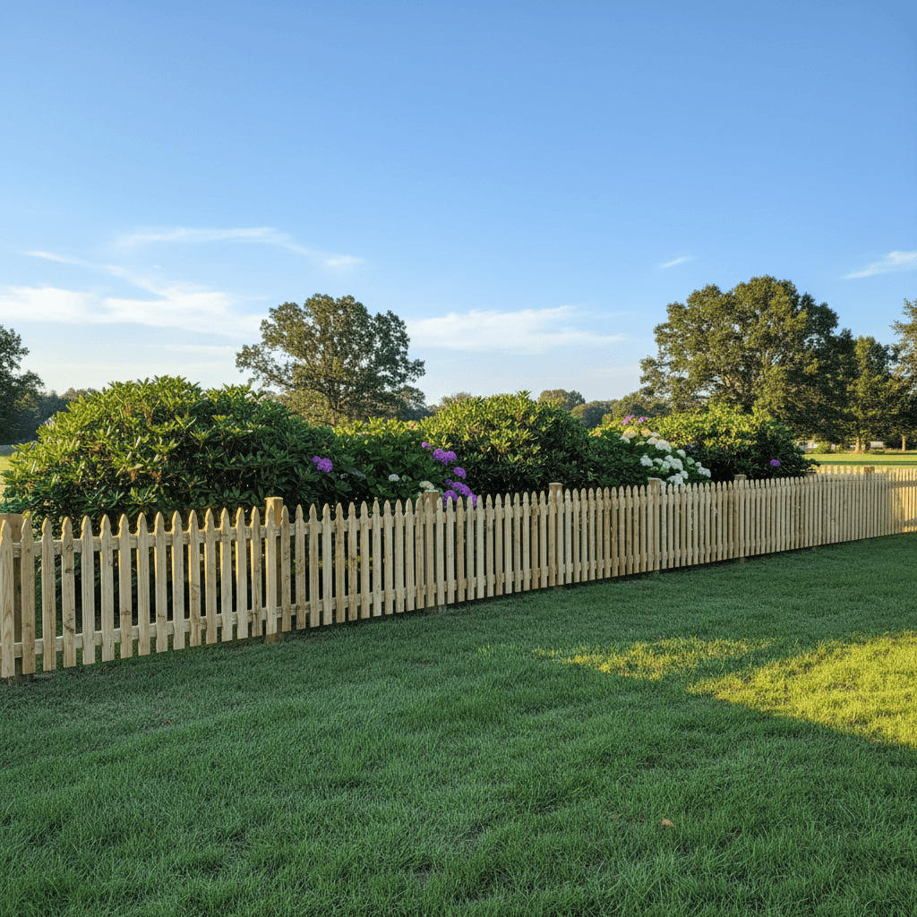 New wooden fence in a backyard with trimmed hedges along the edge