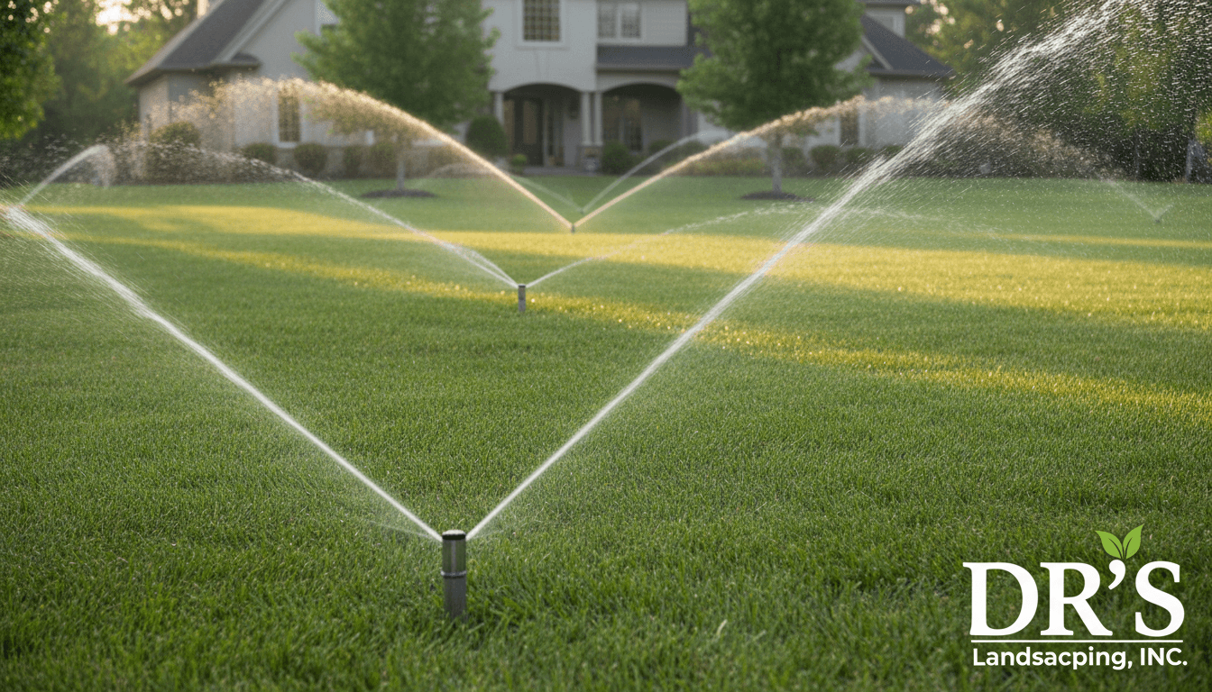 Sprinklers watering a vibrant green lawn in early morning light.