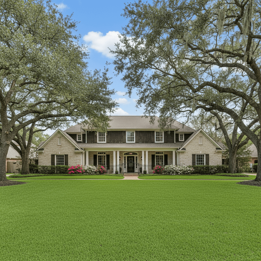 Front yard with thick St. Augustine grass and established shade trees