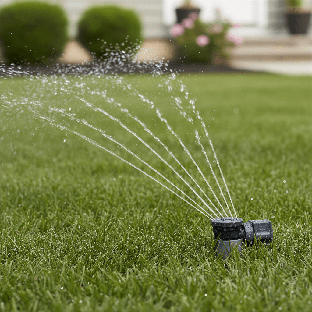 Irrigation sprinkler head spraying water on green grass lawn in residential yard