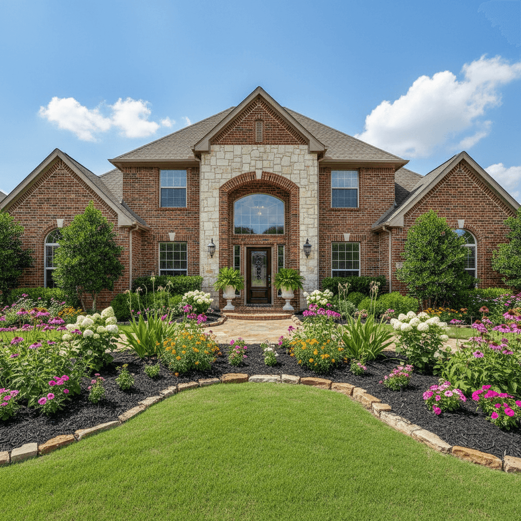 Flower beds with fresh dark mulch around a brick home