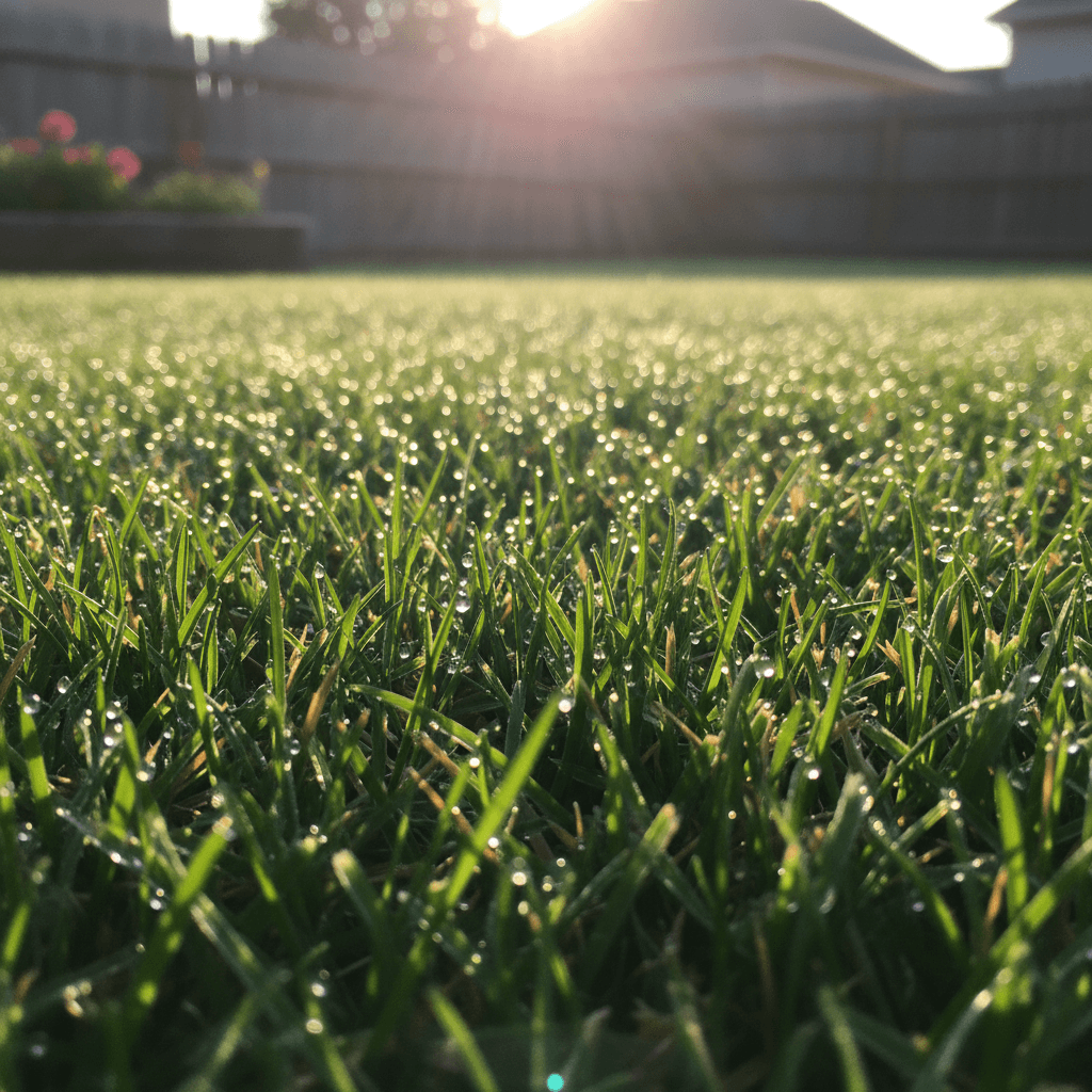 close up of freshly cut green grass with dewdrops