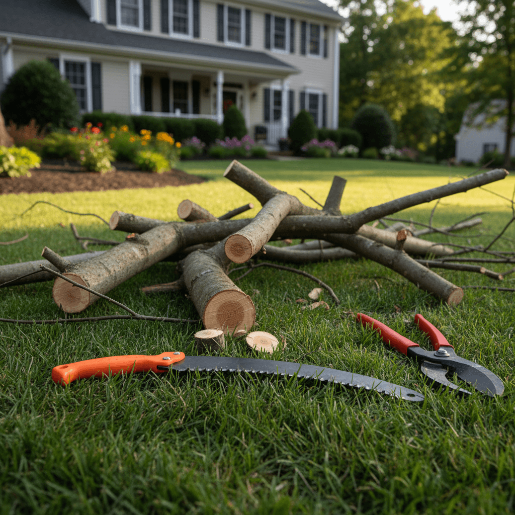 A landscaper wearing safety gear trimming branches from a large oak tree using a pole saw