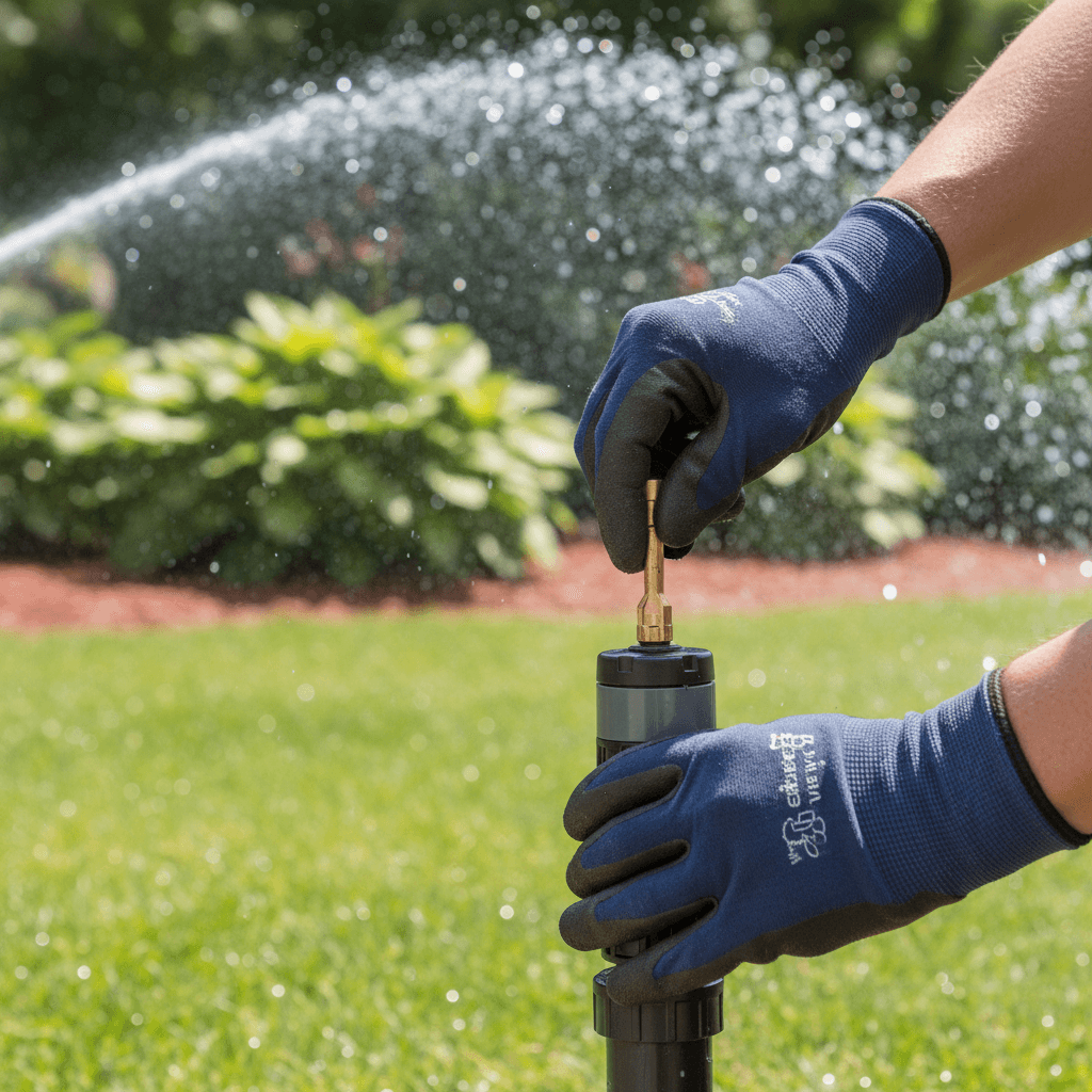 Landscape technician hands adjusting irrigation sprinkler system with water spray visible in background
