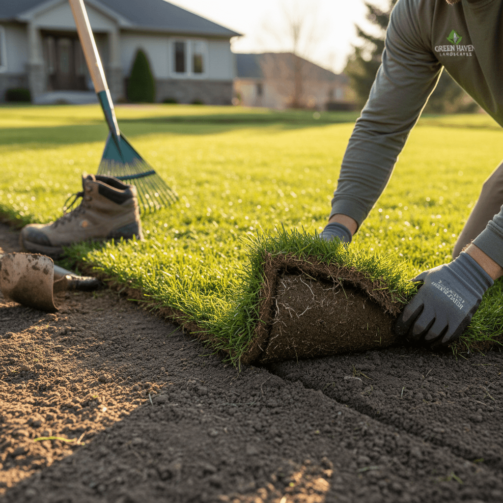 A freshly laid lawn of green sod in front of a house, with a landscaping crew rolling out the turf