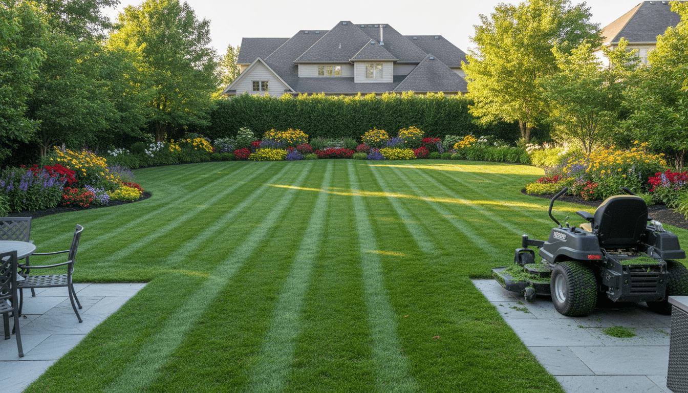 Landscaped backyard with green lawn, trimmed hedges, and mature shade trees under a clear blue sky