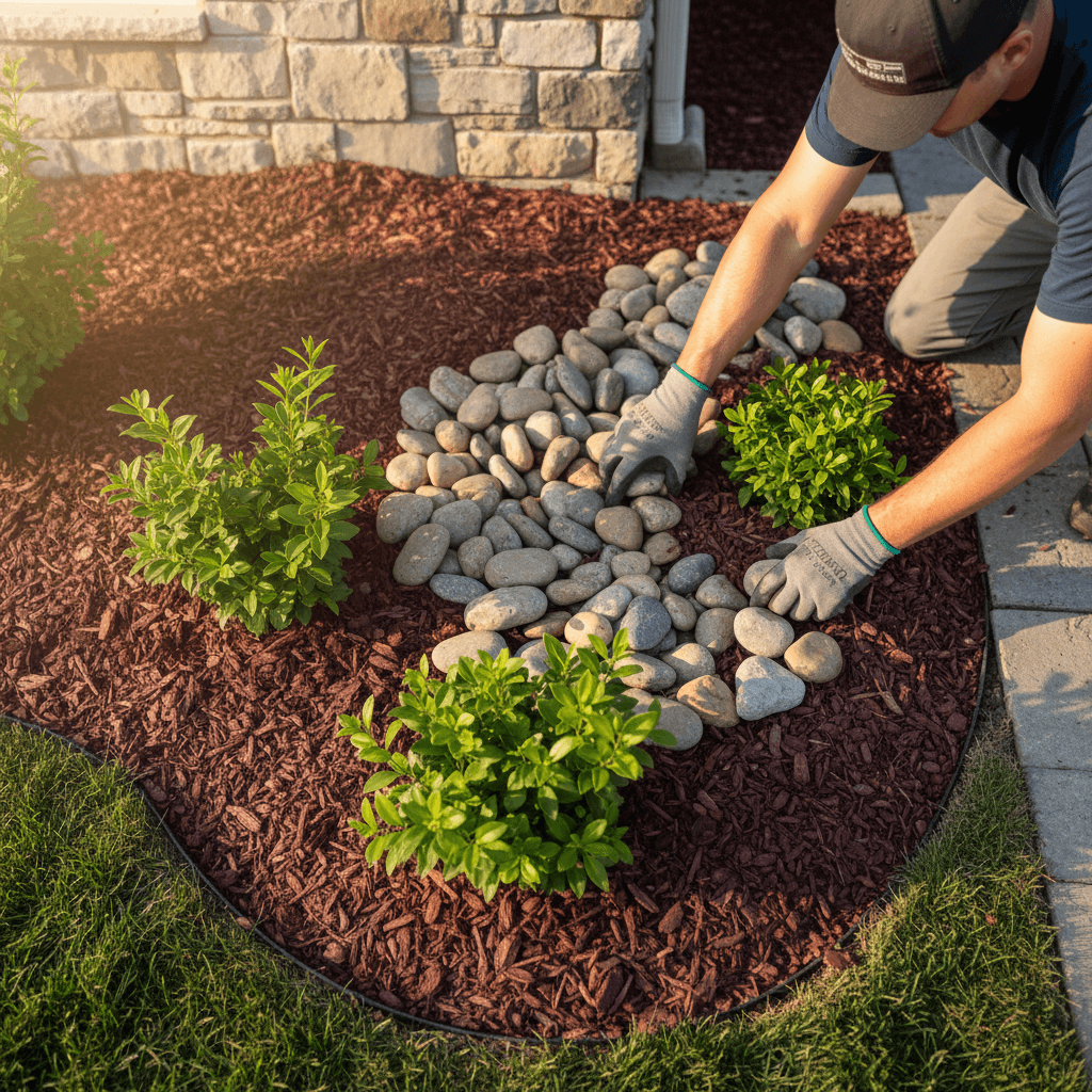 Rock installation along garden walkway