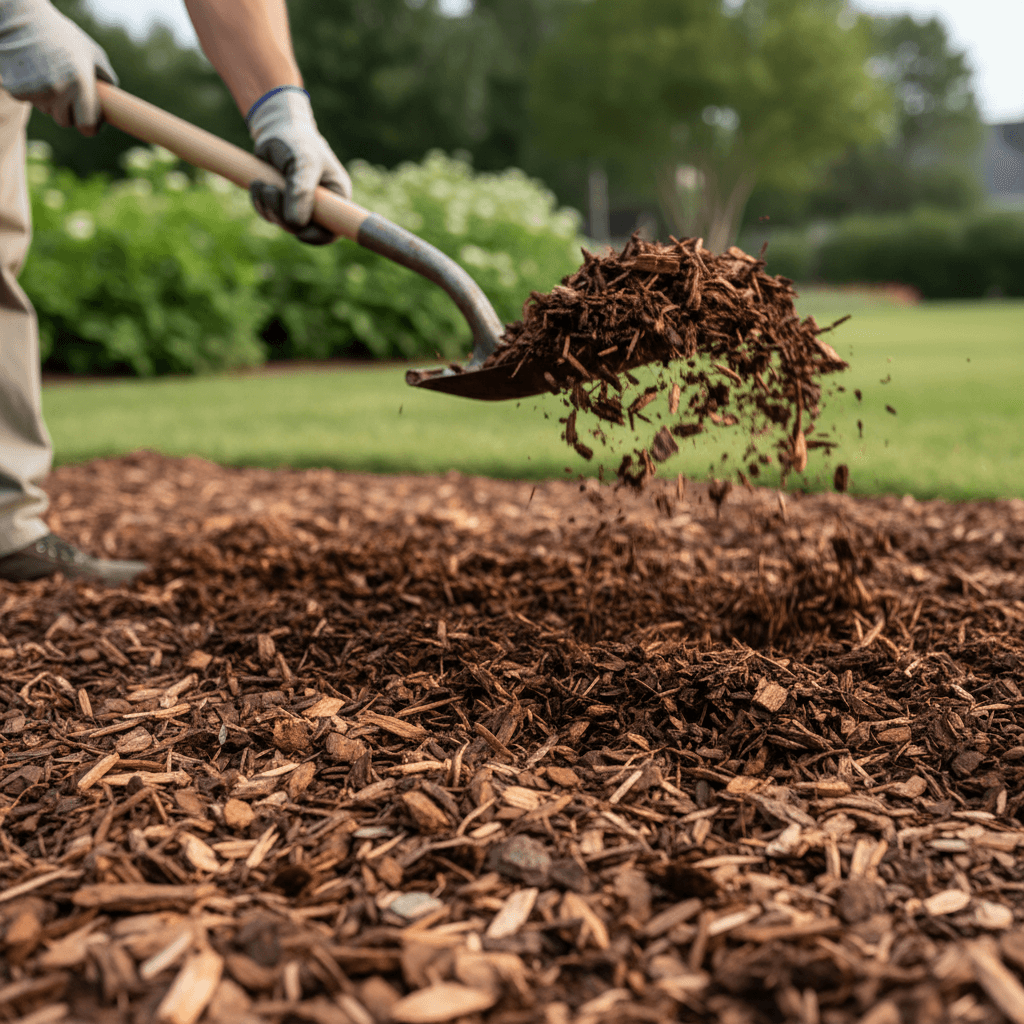 A tree circled with fresh red dyed mulch and crisp clean edges in a flower bed