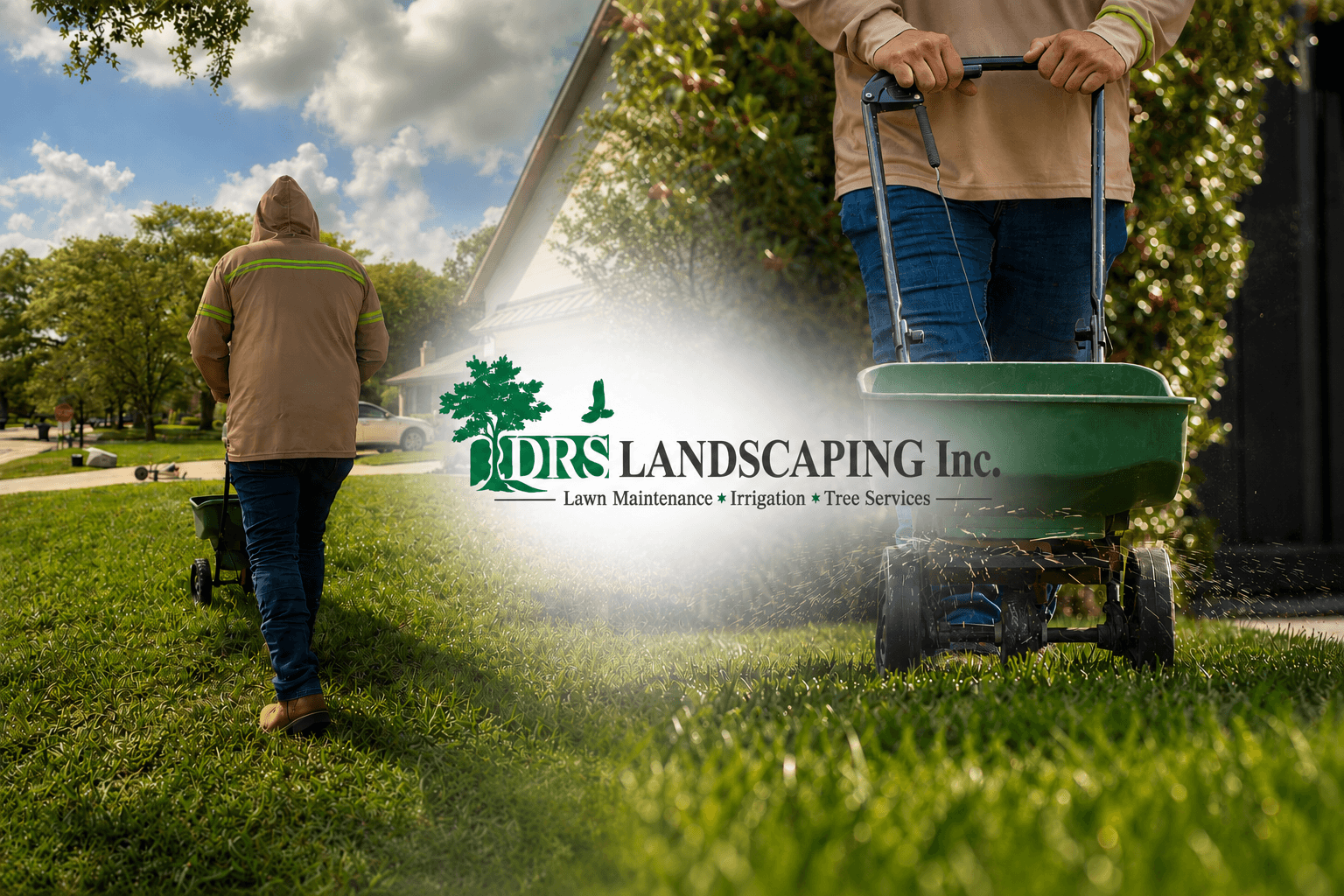 Landscaping workers using green push spreaders to fertilize a lush lawn for DRS Landscaping Inc.