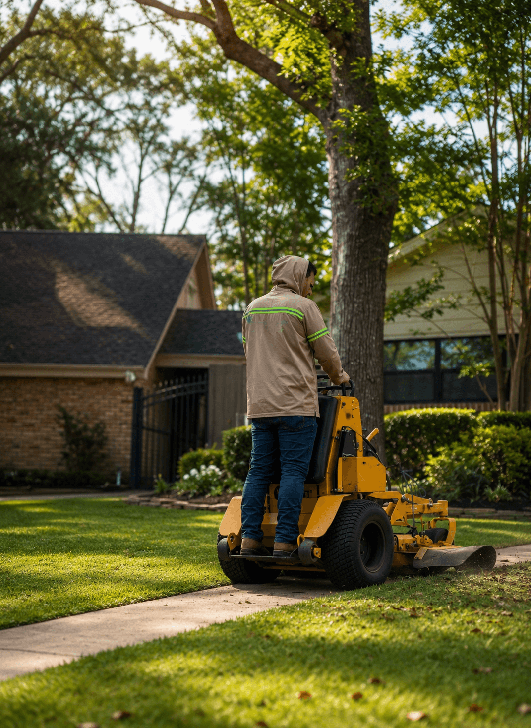 Worker operating a yellow stand-on mower on a green lawn in a residential neighborhood.